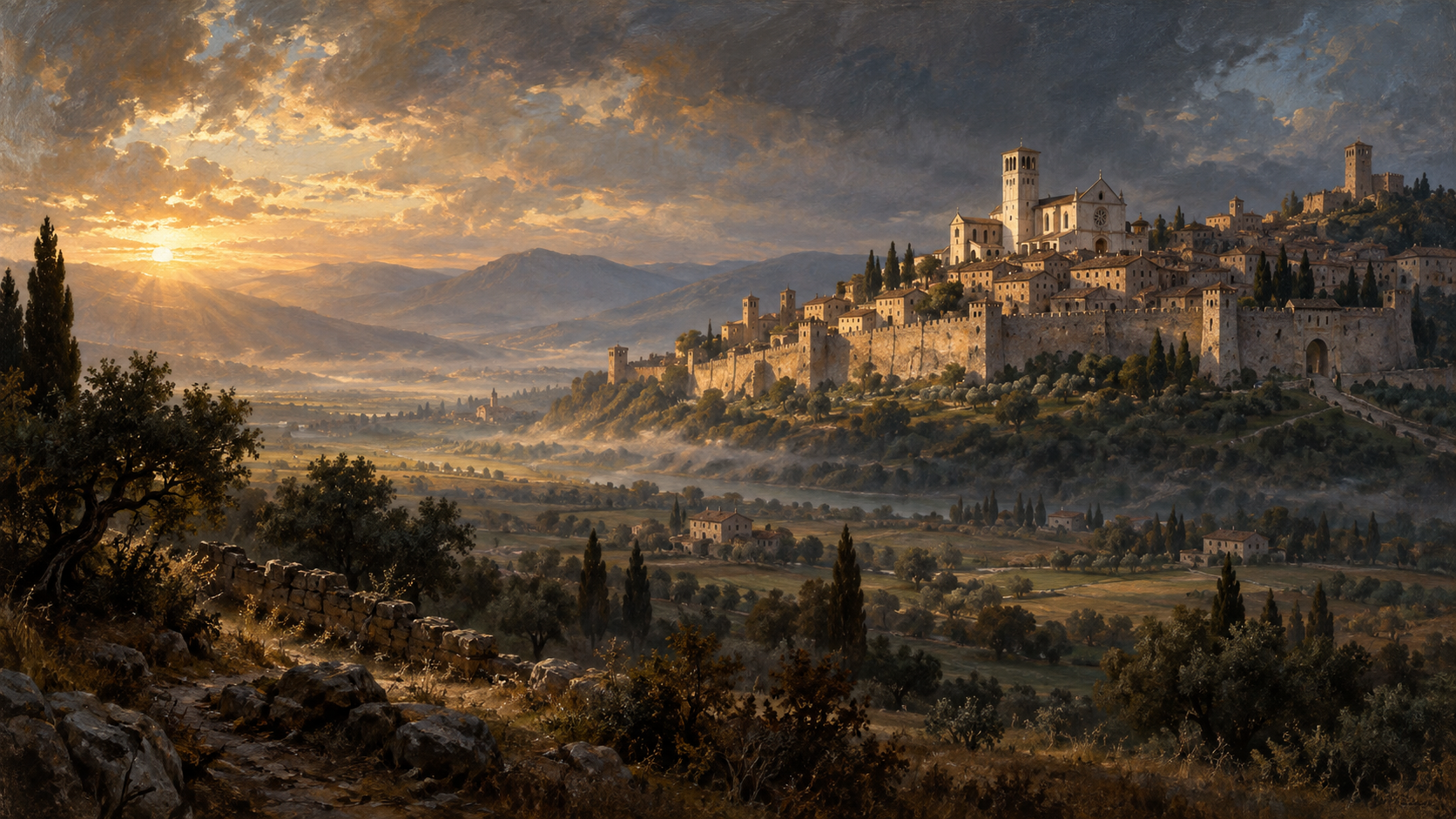 Vista panorámica de Asís medieval al amanecer