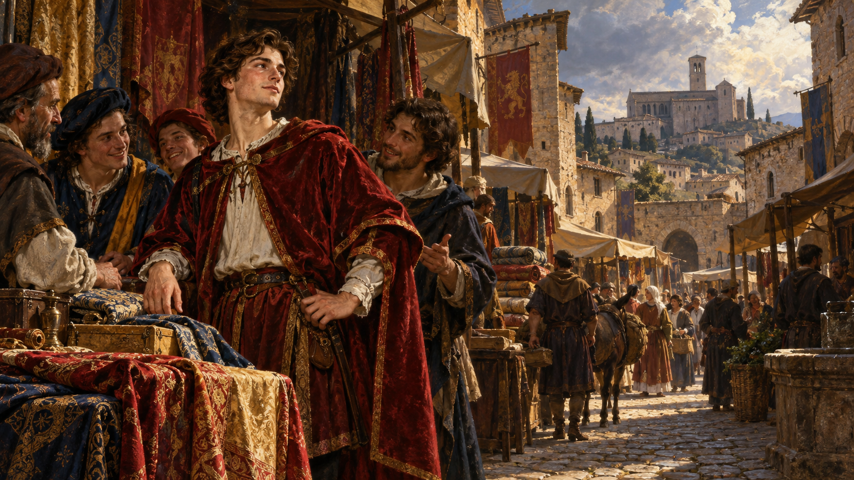Francisco joven entre telas y actividad comercial en Asís medieval