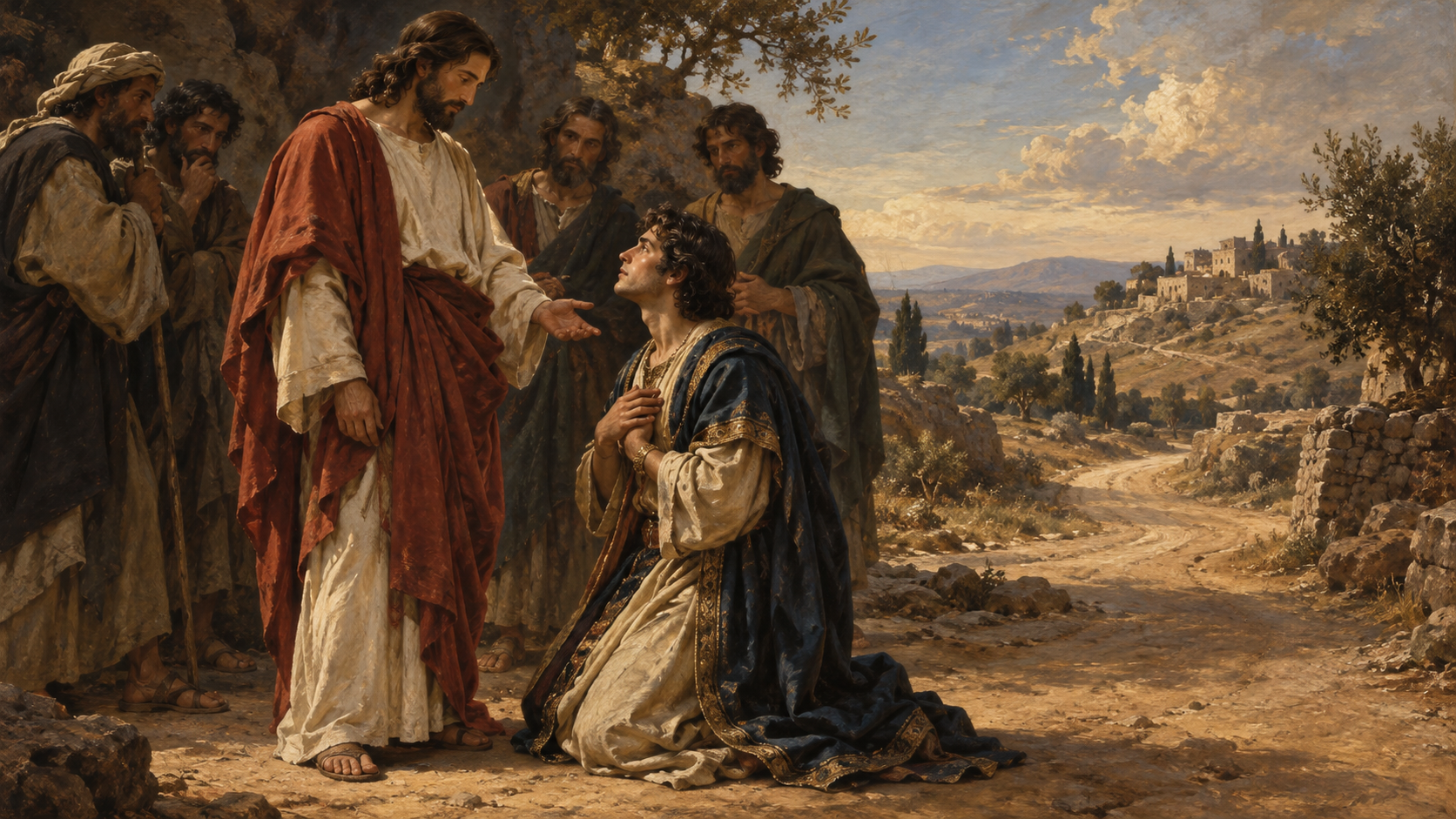 Jesús y el joven rico en un camino de Judea