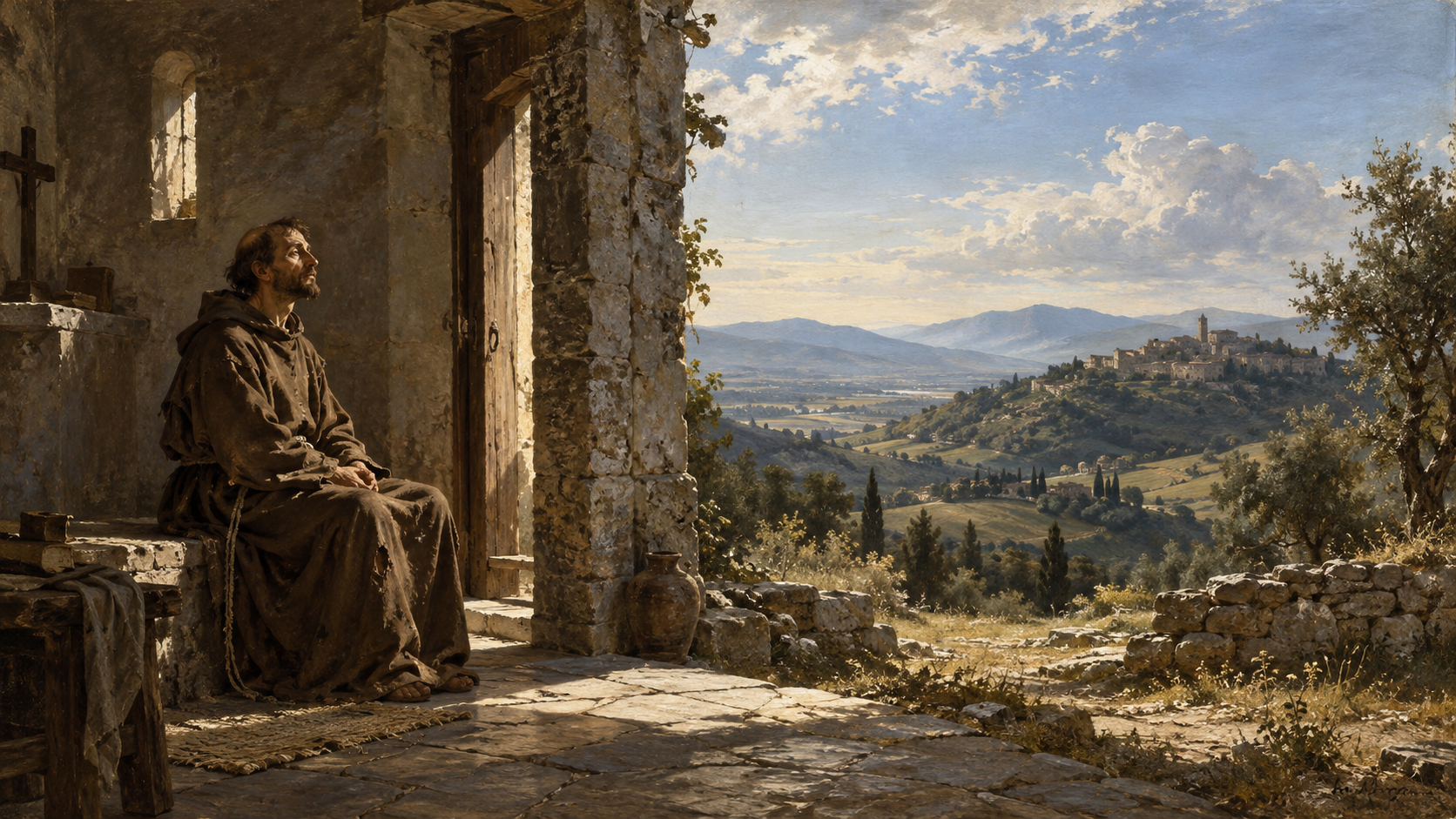 Francisco de Asís en oración ante un paisaje de Umbría
