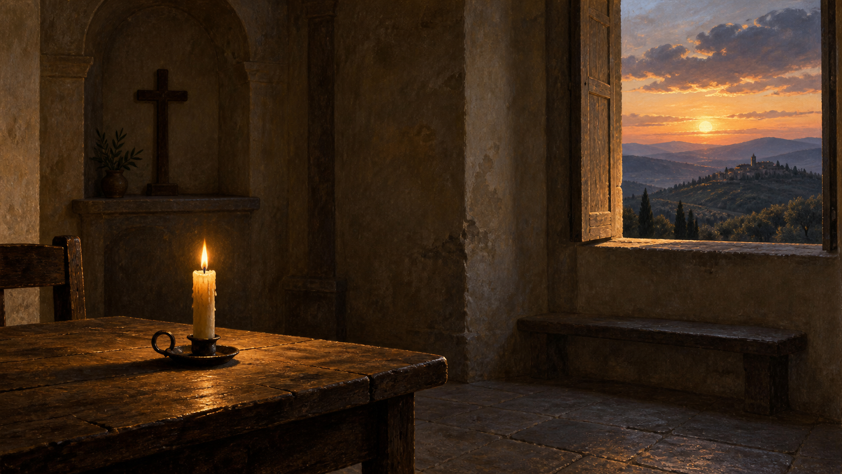 Mesa sencilla con una vela en una capilla medieval, abierta a las colinas de Umbría